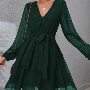 Swiss Dot Bishop Sleeve Layered Hem Belted Dress